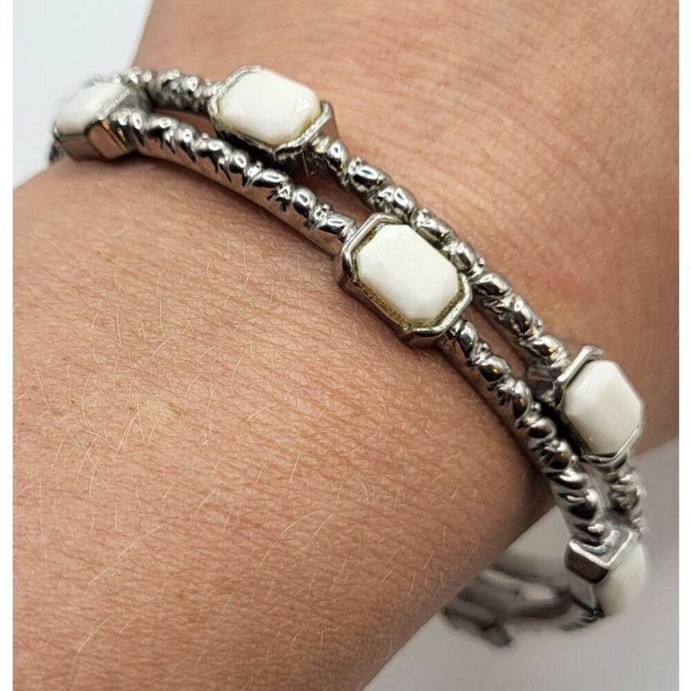Vintage Set of 2 White Acrylic Cabochon Silver Tone Bangle Bracelet 2.75in dia